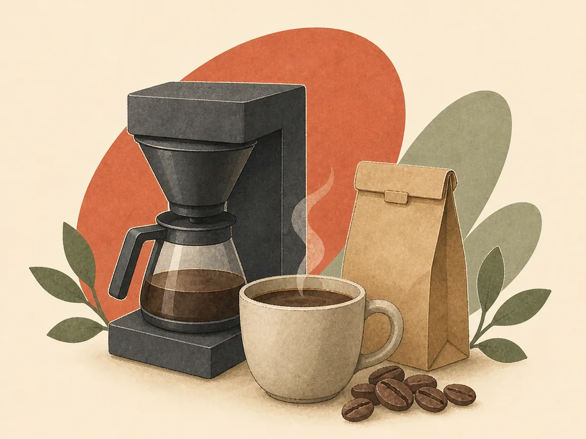 Coffee brewer, steaming cup, coffee bag, and beans
